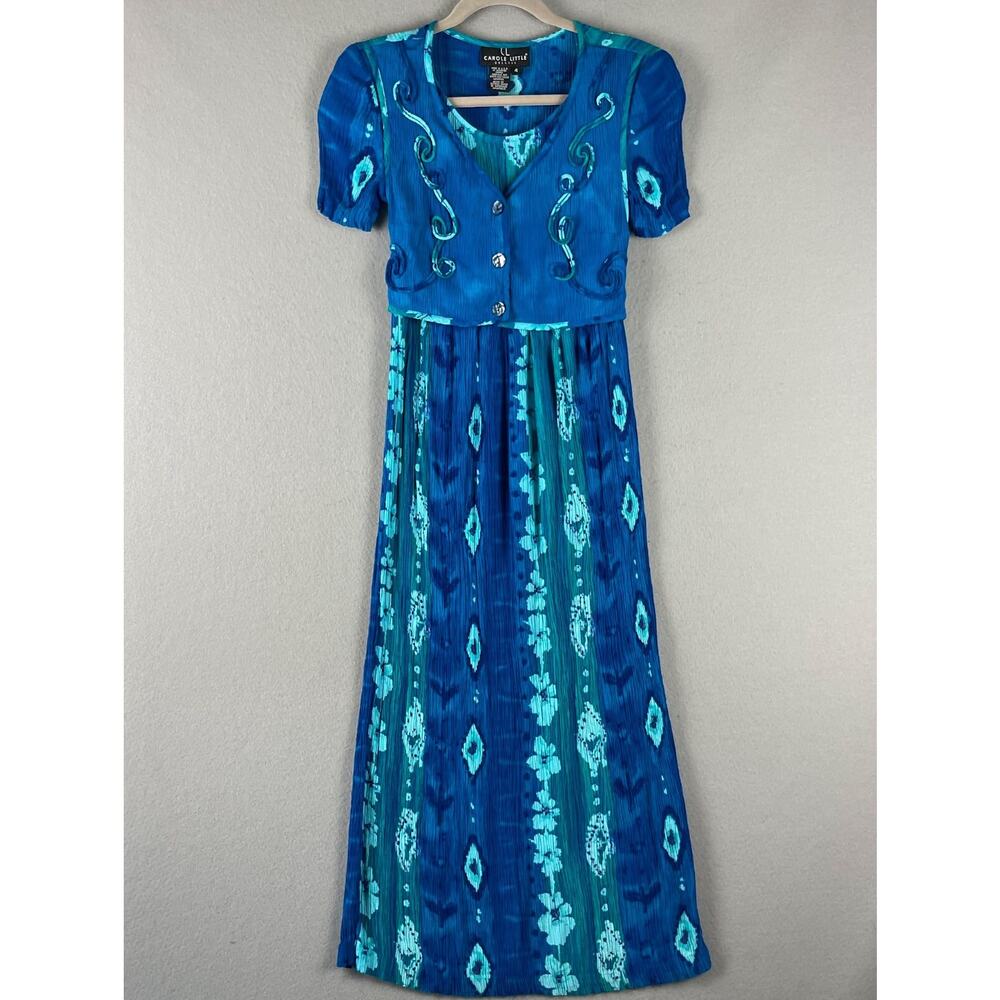 Vintage Carole Little Dress Womens 4‎ Blue Crinkle Embroidery Floral Artsy USA